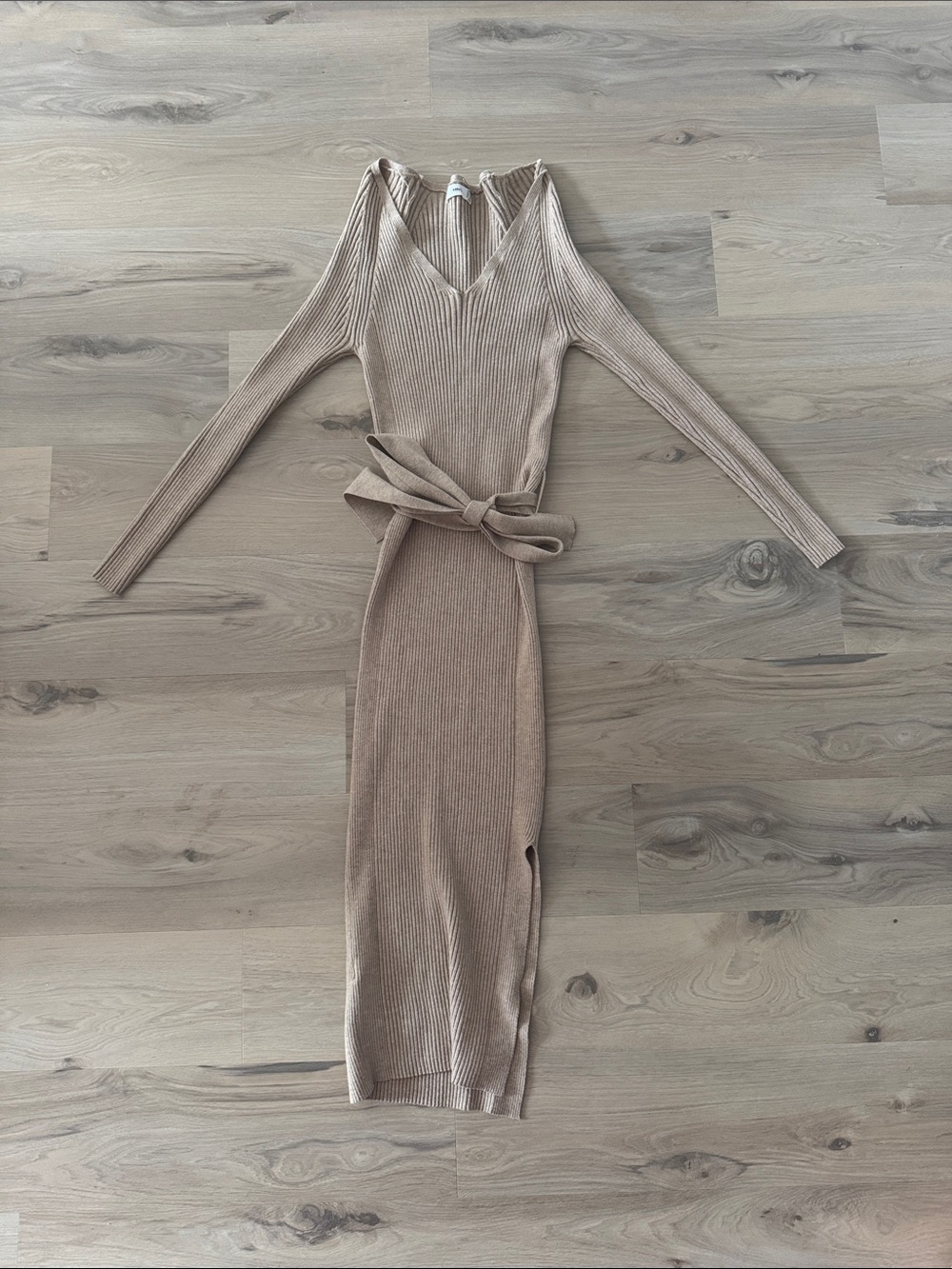 Mango Taupe Ribbed Maxi Dress with Waist Tie